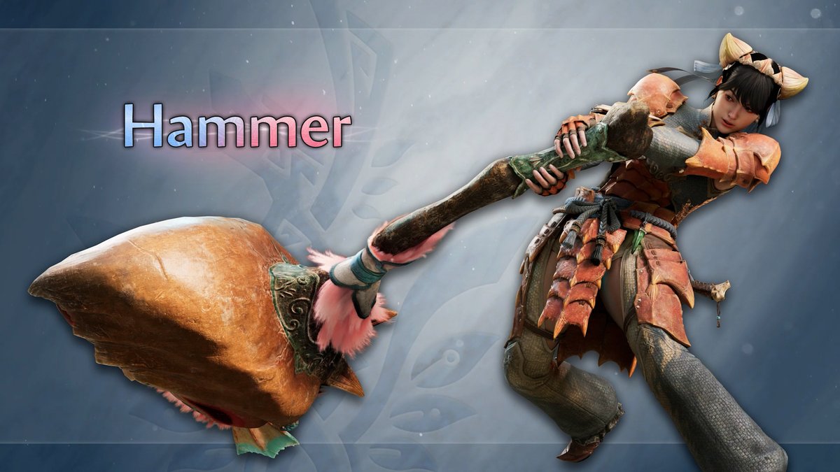 A fierce female warrior in ornate orange and brown armor wields a massive stone hammer in a dynamic attack pose. The word "Hammer" appears in stylized text, perfectly matching the "HAMMER TIME!!!!!" post as she prepares to strike with her oversized weapon.