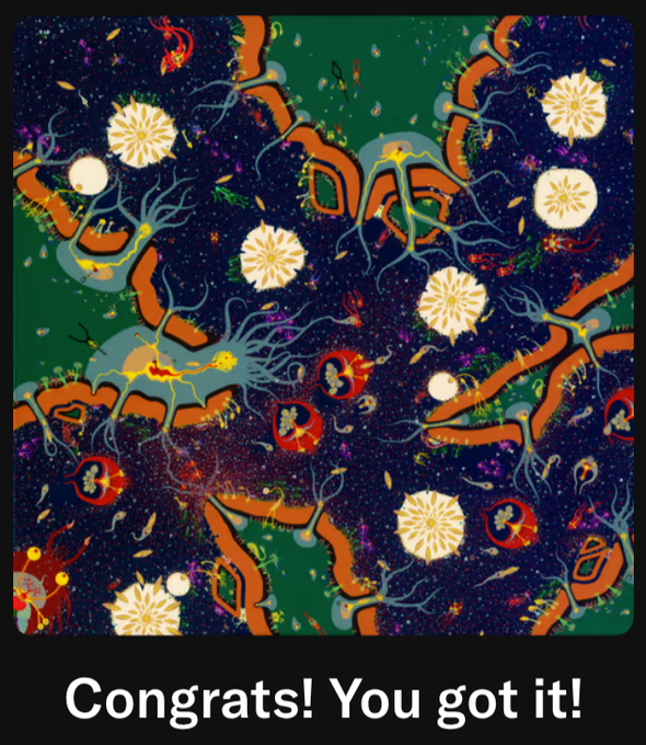 A vibrant, intricate painting featuring a cosmic landscape of orange coral-like structures, neural networks, scattered particles, and golden burst motifs against a deep blue and green background, with the text "Congrats! You got it!" at the bottom—celebrating the artist's cherished creation that once seemed too precious to sell.