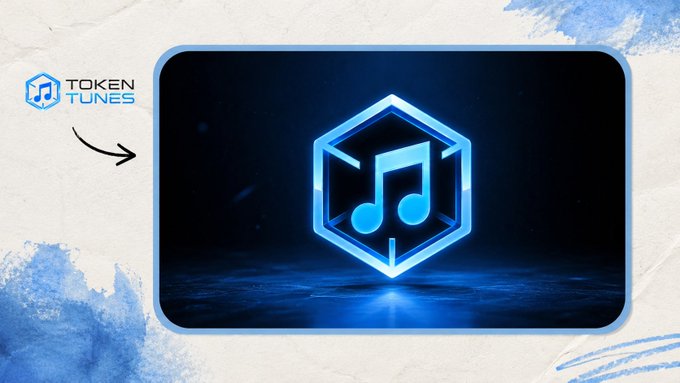 A promotional graphic for 'TOKEN TUNES' featuring a glowing blue 3D music note inside a hexagonal frame against a dark background.