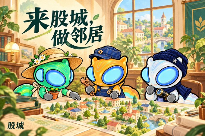 A colorful illustration features three cartoon characters with large blue eyes working together to build a miniature town, with the Chinese text "来股城, 做邻居" (Come to Gucheng, become neighbors) and "股城" (Gucheng) displayed prominently.