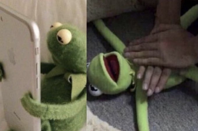 A split image showing Kermit the Frog plush toy memes: on the left, Kermit lies on his side looking at a phone screen, and on the right, Kermit is face-down being patted on the back by a hand.