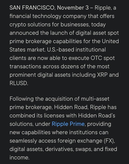 The image is a press release from Ripple announcing the launch of digital asset spot prime brokerage capabilities for the U.S. market, enabling institutional clients to execute OTC spot transactions in assets like XRP and RLUSD following the acquisition of Hidden Road, now operating as "Ripple Prime." This relates to the post's claim about Ripple Prime's institutional trading infrastructure, though the press release does not specifically mention DTCC/NSCC membership.