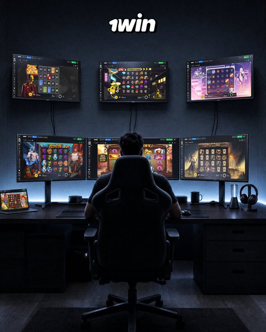 A person sits in a gaming chair facing a multi-monitor setup displaying various casino/slot games, with a '1win' logo visible at the top of the image.