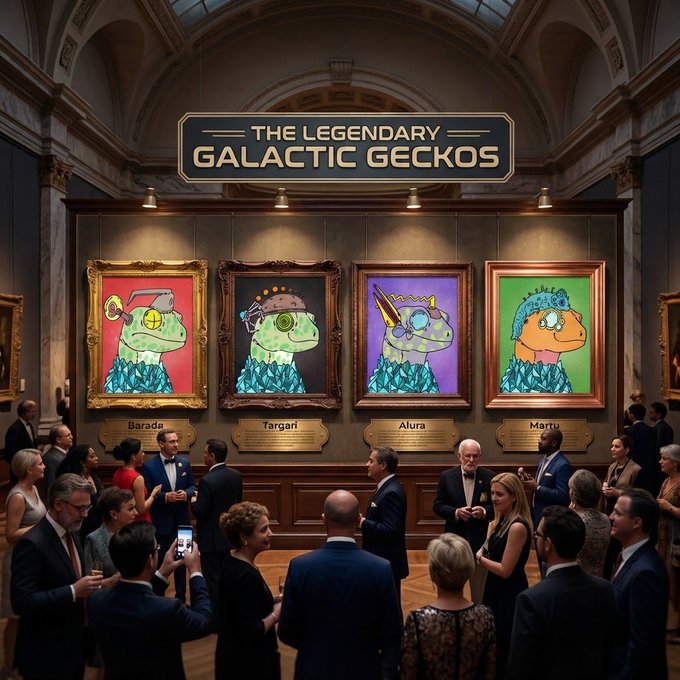 An art gallery scene titled 'THE LEGENDARY GALACTIC GECKOS' displaying four framed portraits of stylized gecko characters labeled 'Barada', 'Targari', 'Alura', and 'Martu', surrounded by attendees in formal attire.