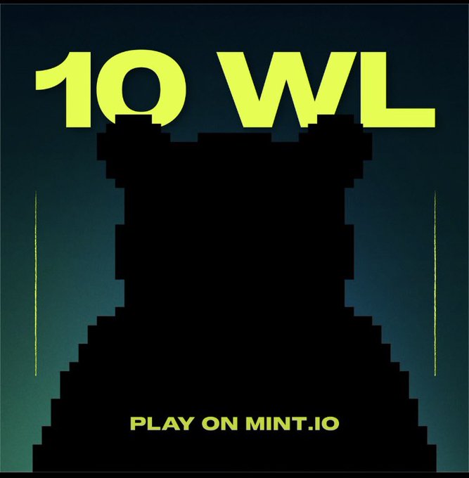 A dark silhouette of a pixelated character on a teal gradient background with bold yellow text reading '10 WL' at the top and 'PLAY ON MINT.IO' at the bottom.