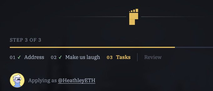 A digital interface shows 'STEP 3 OF 3' with 'Tasks' highlighted, applying as 'HeathleyETH'.