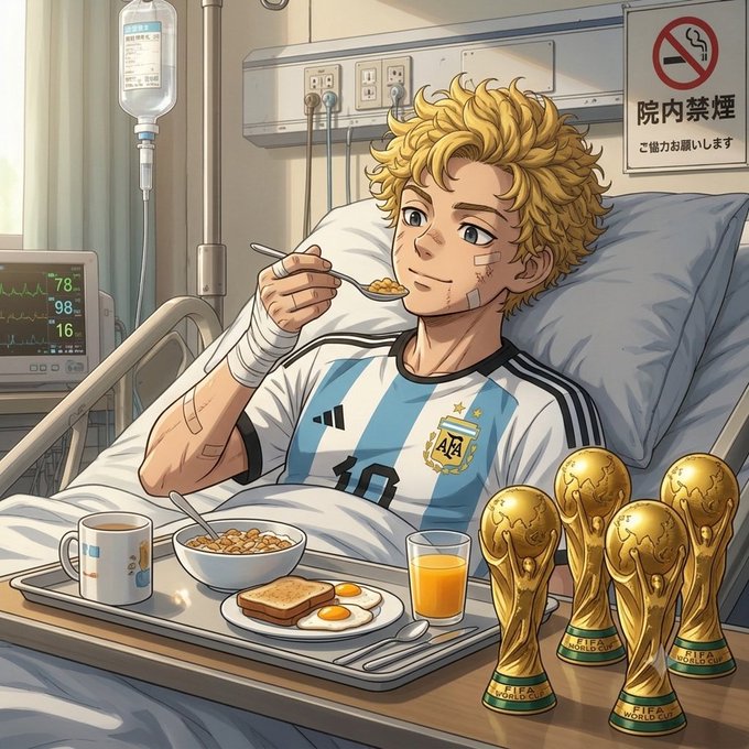 The image features a cartoon man eating breakfast at a hospital bed while surrounded by gold trophies. There are four golden trophies, one of which has a "world cup" label on it. A cup with orange juice is also present on the tray next to the man's plate.