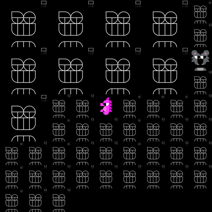 A dark grid pattern on a black background containing multiple white outlined symbols, with a small pink character and a grey mouse icon visible.