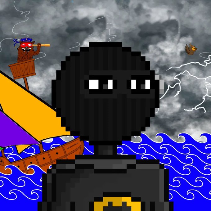Pixel art illustration of a dark hooded figure with glowing white eyes standing before stormy seas and a pirate ship with a monkey in the crow's nest.