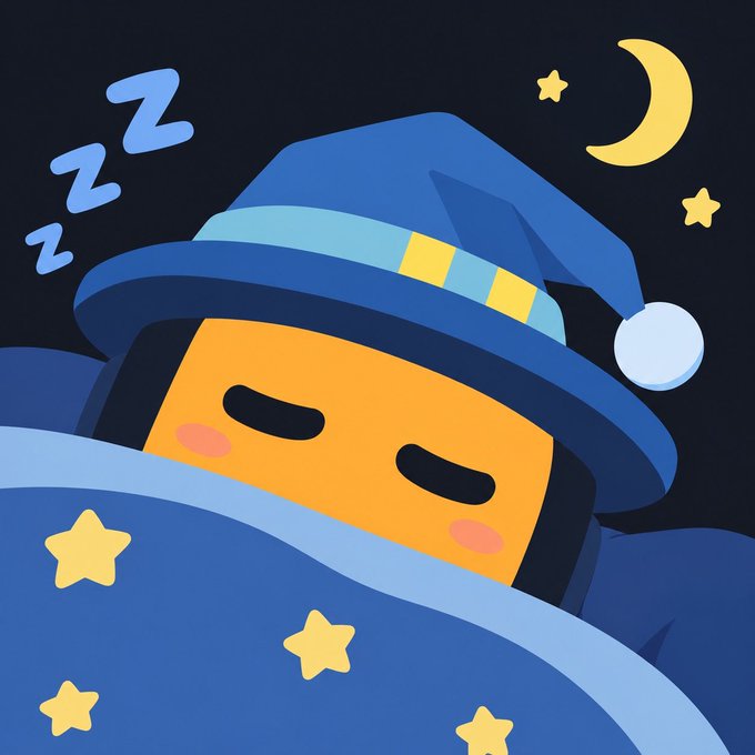 A cute cartoon illustration of an orange character wearing a blue nightcap and sleeping under a star-patterned blue blanket, with 'Zzz' and a crescent moon in the background.