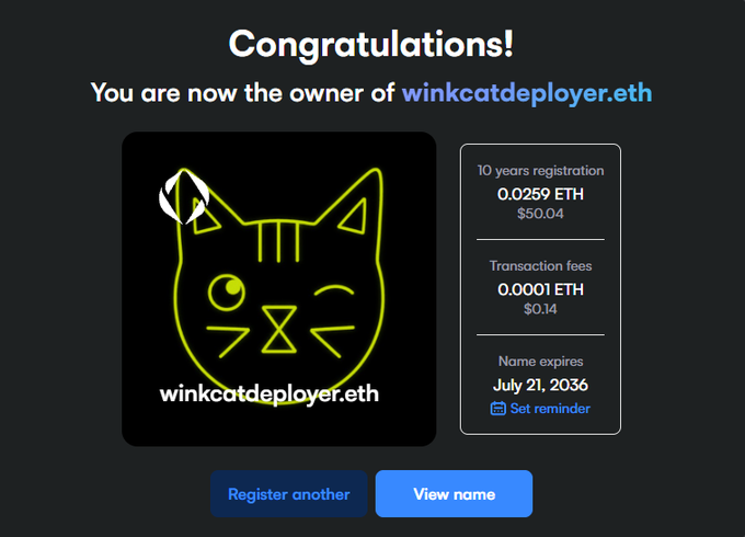 An ENS domain registration confirmation page celebrating ownership of 'winkcatdeployer.eth' for 10 years at 0.0259 ETH ($50.04), with name expiring July 21, 2036.
