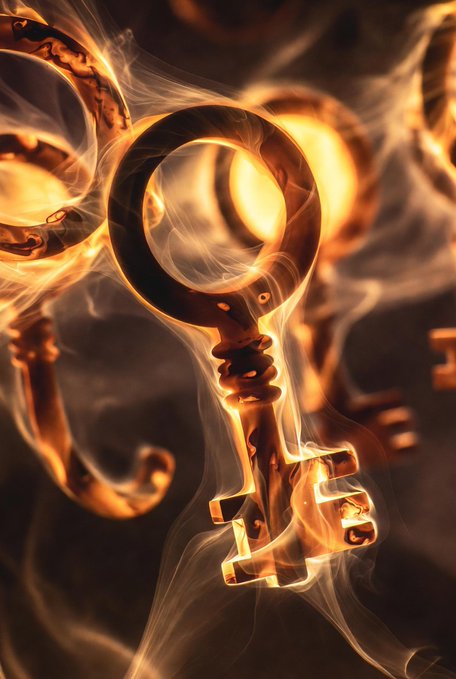 An abstract 3D rendering of golden, metallic keys surrounded by swirling smoke or energy against a dark background.