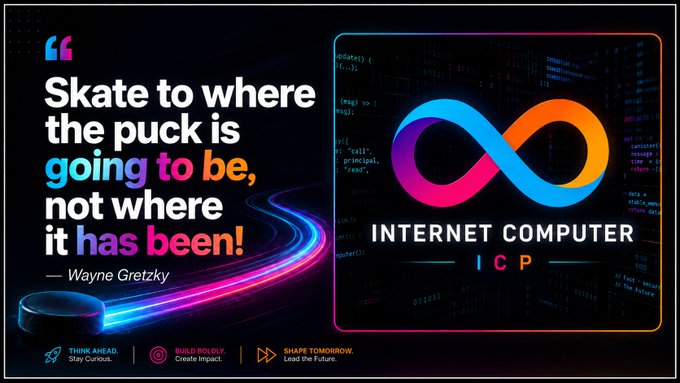 A Wayne Gretzky quote 'Skate to where the puck is going to be, not where it has been!' alongside the Internet Computer (ICP) logo, with the tagline 'THINK AHEAD, BUILD BOLDLY, SHAPE TOMORROW.'