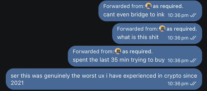 The image shows a screenshot of a text message conversation between two people discussing their experiences with cryptocurrency exchanges. The message includes several emojis, such as a sad face for "as required", an exclamation point for "can't even bridge xstocks", and a thumbs up for "@jimchang". The conversation takes place at 10:36 pm, which is the time when the text was sent.