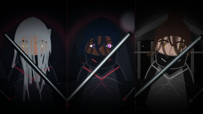 Three stylized anime-inspired characters with katana swords are displayed side by side against dark backgrounds, featuring one with long white hair and a red eye, a hooded figure with glowing purple eyes, and a masked character with brown hair. The image showcases artwork from the Shadow Ronin ARC NFT collection, whose dark, cinematic Japanese aesthetic aligns with the post's praise for the collection's "Japanese-inspired dark and cinematic world."