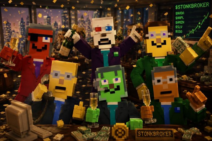 A pixelated illustration of six suited characters, including a skeleton and green-skinned figure, celebrating with champagne and cash around a "STONKBROKER" podium, while a ticker displays $STONKBROKER, $NVDA, $AAPL, $AMZN, $SLV, and $USO—visually representing the project's ambitious roadmap of launches, exchange listings, and "moon-bound" catalysts.