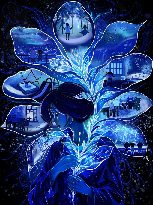 A blue-toned digital illustration depicts a woman in profile holding a large, glowing plant whose petals frame miniature scenes of childhood memories—swing sets, bedrooms, and figures playing—evoking the "Flower of Memory" NFT collection hosted on objkt.com. The melancholic mood and starry night palette visually echo the artwork's theme of nostalgia.