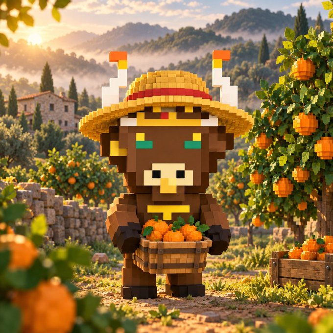 A voxel-style pixel art illustration of a brown monkey character wearing a straw hat with horn-like decorations, holding a basket of oranges in a sunlit Mediterranean-style orange grove.