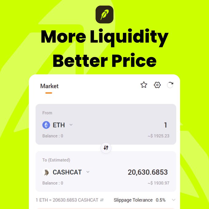 The image promotes OpenOcean's swap interface with the headline "More Liquidity Better Price," showing a market exchange from 1 ETH (~ $1,925.23) to 20,630.6853 CASHCAT (~ $1,930.97) with 0.5% slippage tolerance. This visually reinforces the post's announcement of leveraging deeper liquidity on Robinhood Chain to offer improved prices for trading tokens like CASHCAT.