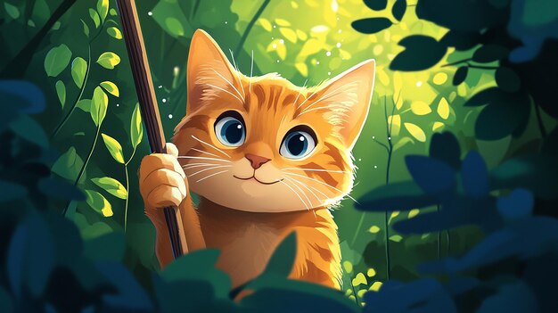 The image features a cartoon cat with orange fur, holding a stick over its head as if it's peering out from behind some leaves or foliage. The cat appears to be smiling at the camera, giving off a friendly vibe. The background of the image is filled with green leaves and plants, creating an impression of being in a forest setting. The caption below the image reads: "GM Everyone We Are Building $RIVER x Clarnium @RiverdotInc aligns long-term ecosystem growth @clarnium_io clarFun makes token launches simple".