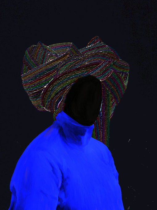 A faceless figure draped in vibrant blue stands against a dark background, with a striking burst of multicolored, woven strokes radiating above the silhouette's head like an elaborate, abstract hairstyle. The artwork visually echoes the post's "Faceless - 1/1" NFT listing, emphasizing anonymity through the obscured face while drawing attention to the bold, textured headpiece.