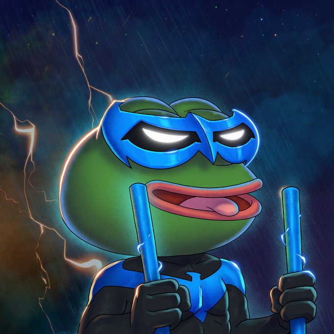 A digitally illustrated Pepe the Frog dressed as Nightwing stands against a stormy night sky with lightning, gripping glowing blue twin escrima sticks and wearing the character's iconic blue and black mask and suit. The image visually represents the "Nightwing PEPE" NFT described in the post, capturing the character's dual electric battle sticks and heroic dark theme from the "Pepe Explorers Evolve" collection.