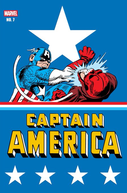 A classic Marvel comic book cover featuring Captain America punching a red figure, with the 'MARVEL' logo, 'NO. 7', and large yellow 'CAPTAIN AMERICA' title text on a blue background with a white star.