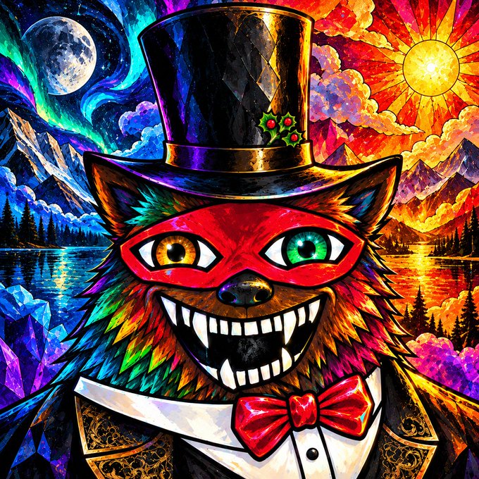 A vibrantly colored, psychedelic illustration features a grinning werewolf wearing a black top hat adorned with holly, a red masquerade mask, and a tuxedo with a red bow tie, set against a split background showing a moonlit night on the left and a blazing sun on the right, aligning with the festive yet monstrous "Bear" and XRP cryptocurrency theme of the post.