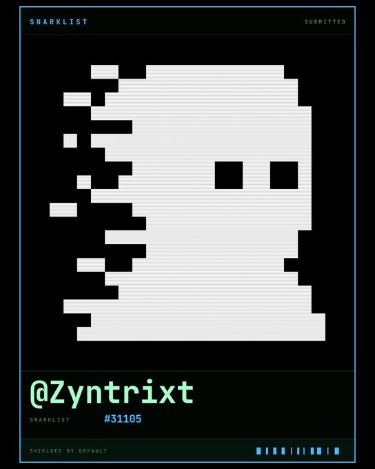 A digital profile card from 'SNARKLIST' featuring a pixelated glitch face, the handle '@Zyntrixt', and 'SNARKLIST #31105' displayed in a retro computer interface style.