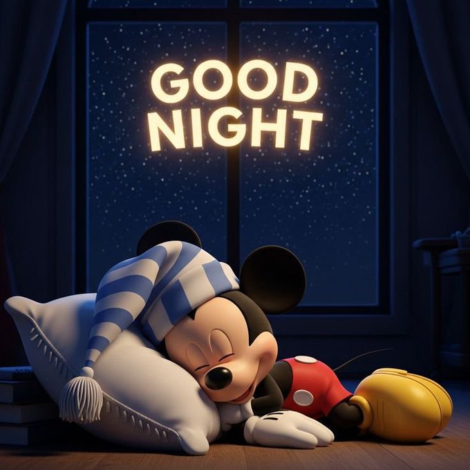 A 3D-rendered illustration shows Mickey Mouse sleeping on a pillow with a nightcap, with glowing 'GOOD NIGHT' text above him against a starry window background.