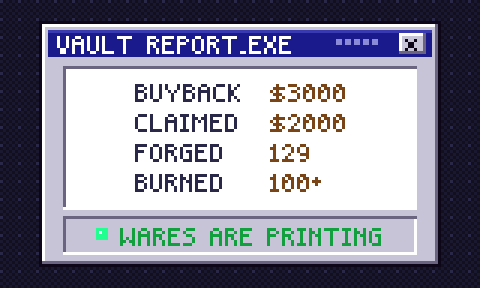 A pixel-art styled window titled "VAULT REPORT.EXE" displays token metrics: $3000 buyback, $2000 claimed, 129 forged, and 100+ burned, with a status message at the bottom reading "WARES ARE PRINTING." The image visually summarizes the accompanying text's claims about $TRIALKEY buybacks, claims, forging, and burning activities tied to TRIALWARE holders.