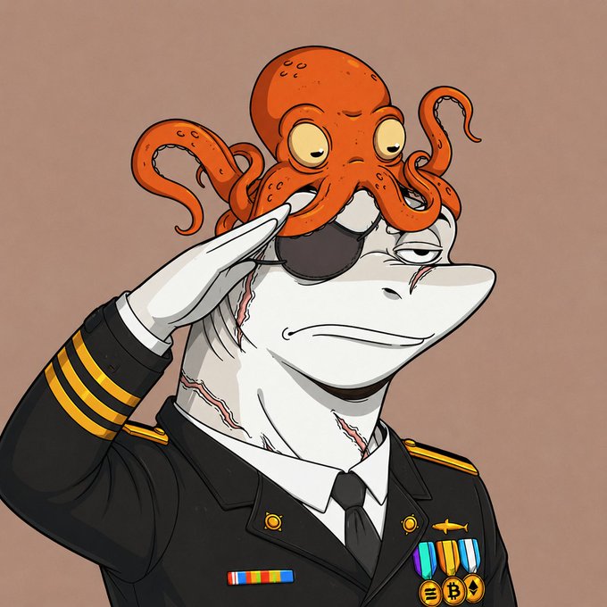 A digital illustration of an anthropomorphic shark in a military uniform with an orange octopus perched on its head, who is saluting.
