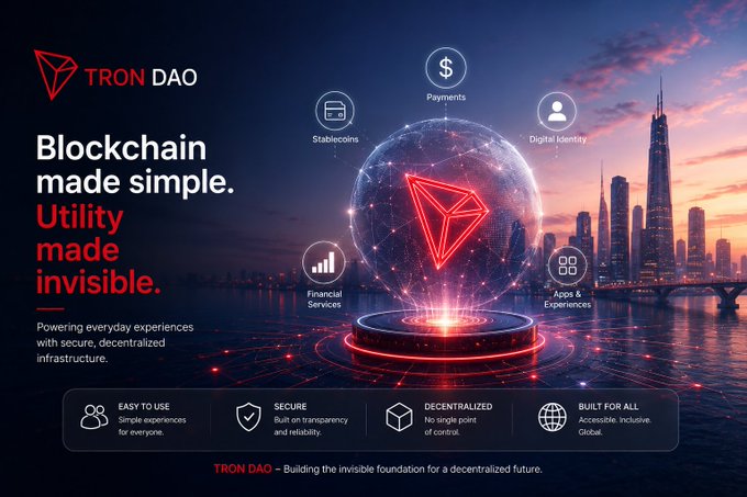 A Tron DAO promotional banner with the tagline 'Blockchain made simple. Utility made invisible.', featuring features like Payments, Stablecoins, Digital Identity, Financial Services, and Apps & Experiences, with values Easy to Use, Secure, Decentralized, and Built for All.