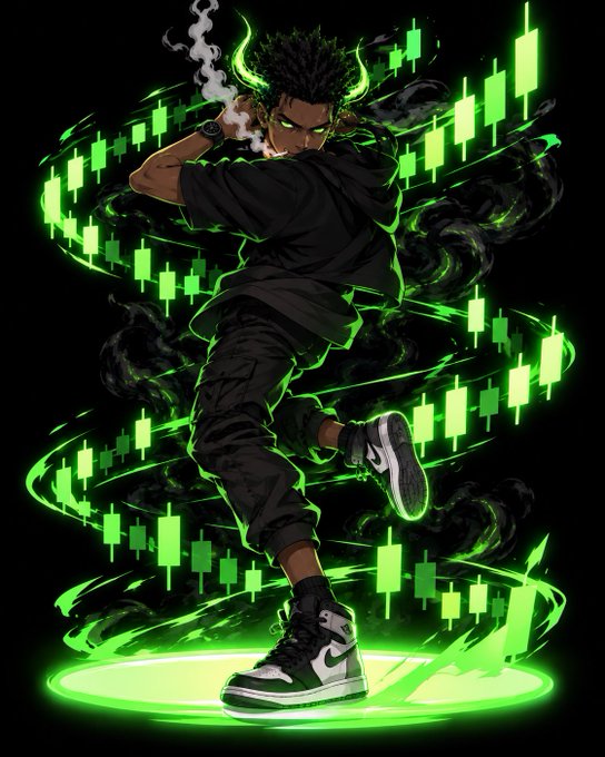 A stylized digital illustration of a character with green horns surrounded by swirling green energy and stock market candlestick patterns, wearing black clothing and Nike sneakers.