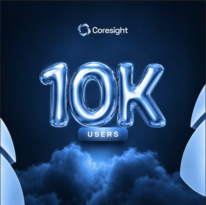 A celebratory graphic for Coresight featuring large balloon-style '10K' text and a 'USERS' button against a blue cloudy background.