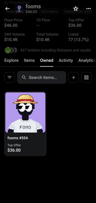 An NFT marketplace screen shows a 'fooms #554' item with a FOMO logo, a Top Offer of $36.00, and a Floor Price of $46.00.