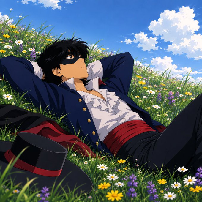 An anime-style illustration of a black-haired male character wearing a blue jacket and white ruffled shirt, lying in a grassy field of wildflowers under a blue sky with his black top hat resting beside him.