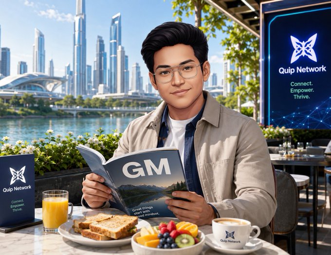A promotional image for Quip Network showing a young man reading a 'GM' magazine at a breakfast table, with Quip Network branding and the tagline 'Connect. Empower. Thrive.' visible.
