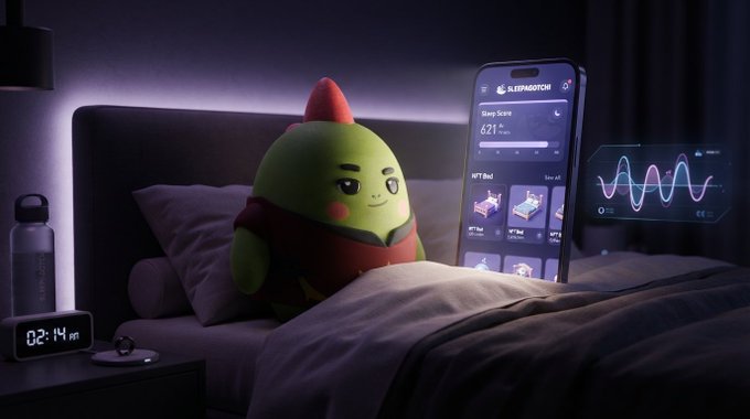 A green cartoon dragon mascot wearing a red hoodie sits in bed next to a smartphone displaying a "SLEEPMDOTCH" sleep-tracking app showing a 621 sleep score.