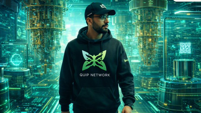 A man wearing a black hoodie with the "QUIP NETWORK" logo and text stands in a futuristic server room filled with glowing quantum computer hardware, visually reinforcing the post's message about repurposing idle quantum and classical computing power for real optimization tasks.