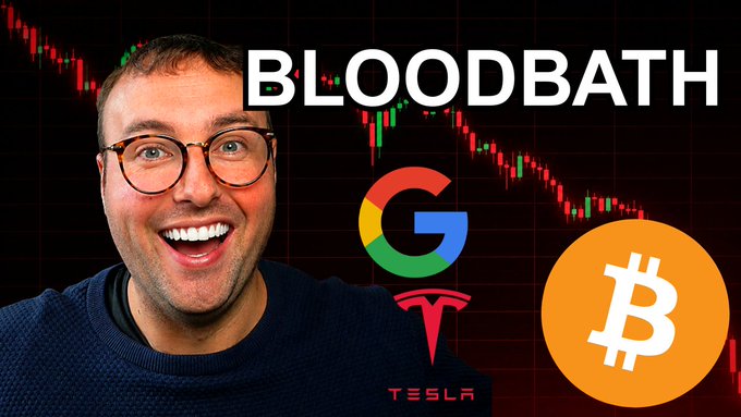 A YouTube thumbnail featuring a smiling man with glasses alongside Google, Tesla, and Bitcoin logos, with the word "BLOODBATH" displayed over a red stock chart background.