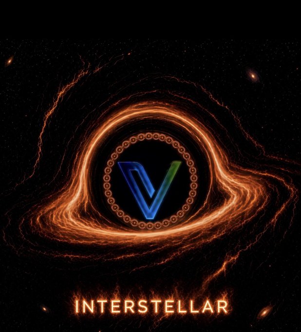 A cosmic visual featuring a glowing orange black hole swirling around a blue and green "V" emblem encircled by a chain, with the word "INTERSTELLAR" displayed in fiery text below—symbolizing the Interstellar upgrade advancing VeChainThor (#Vechainthor) forward, as championed by the VeFam community.