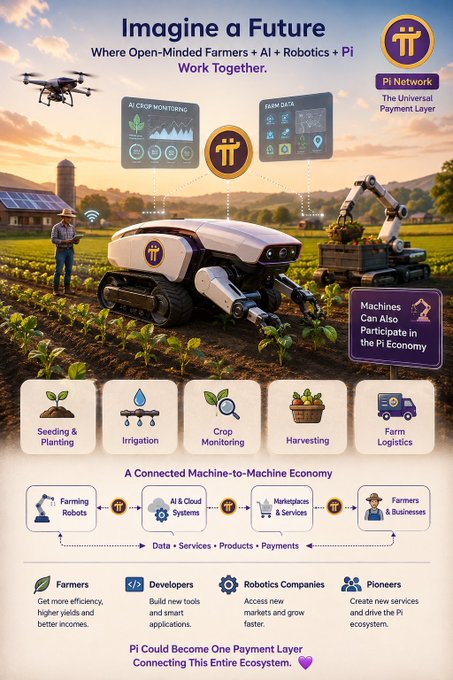 An infographic titled 'Imagine a Future' depicting the Pi Network ecosystem, showing a farmer with agricultural robots, drones, and various network components including 'AI CROP MONITORING' and 'FARM DATA'.