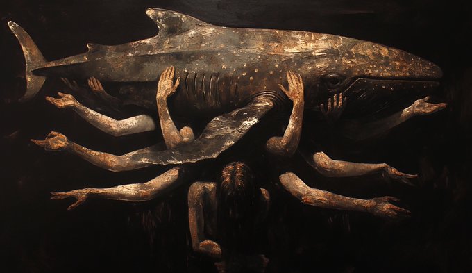 A dark fantasy painting depicts a person being embraced or held by a large whale-like creature, with multiple human arms reaching out from the figure.