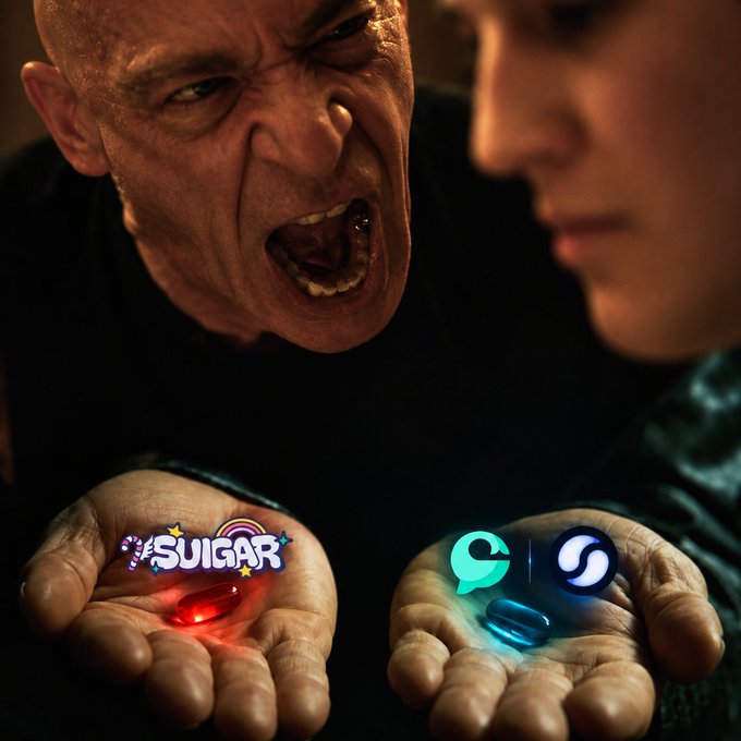 An angry bald man screams while holding out his hands, displaying a red pill labeled "#SUGAR" and a blue pill featuring the Sugar Daddy app logo.