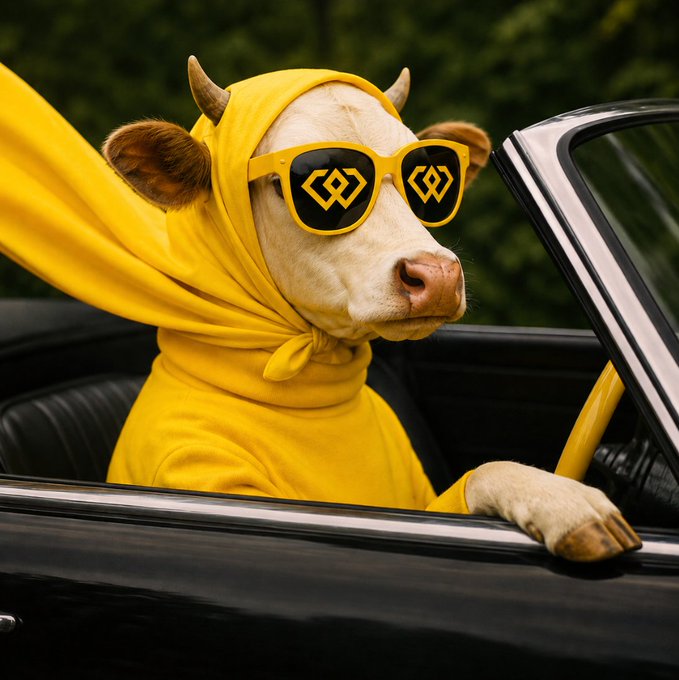 A cool cow wearing a yellow hoodie and branded sunglasses sits in the driver's seat of a convertible, matching the playful "want to go for a ride?" vibe tied to the #GM #WEEX post.