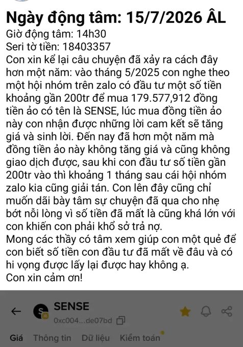 A screenshot of a Vietnamese text post describing a crypto scam involving a token called SENSE and a lost investment of nearly 200 million VND.