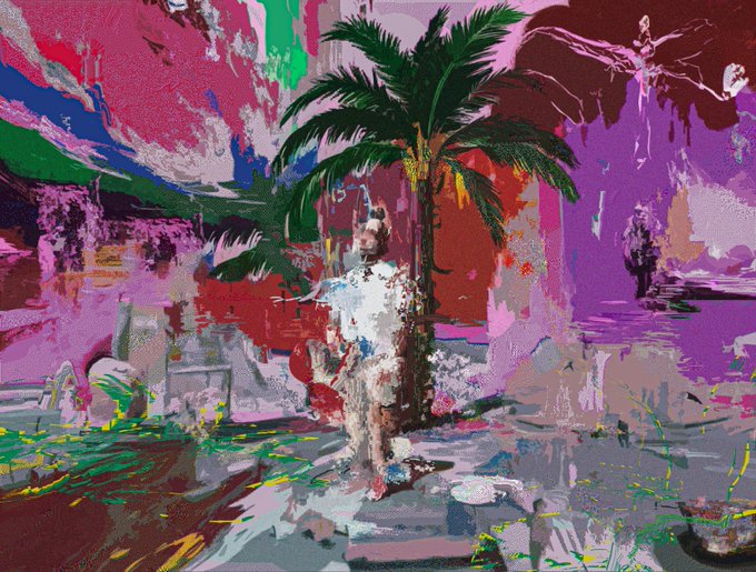 The image features a painting of a man standing next to a palm tree, with a pink background that gives the scene an artistic touch. The painting has been done using a technique called "live auction", which adds a unique and creative element to the artwork. The artist's signature is also visible in the bottom right corner of the painting.