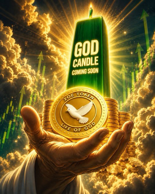 An AI-generated crypto promotional image showing a hand holding gold coins featuring a "ZOE TOKEN LIFE OF GOD" emblem with a dove, a giant green "GOD CANDLE COMING SOON" candle, and stock chart arrows pointing upward.