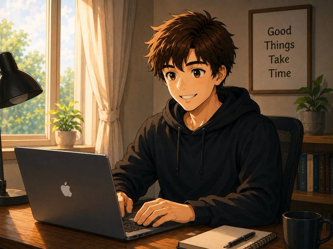 An anime-style illustration of a young man with brown hair in a black hoodie working on an Apple laptop at a wooden desk, with a framed picture reading 'Good Things Take Time' behind him.